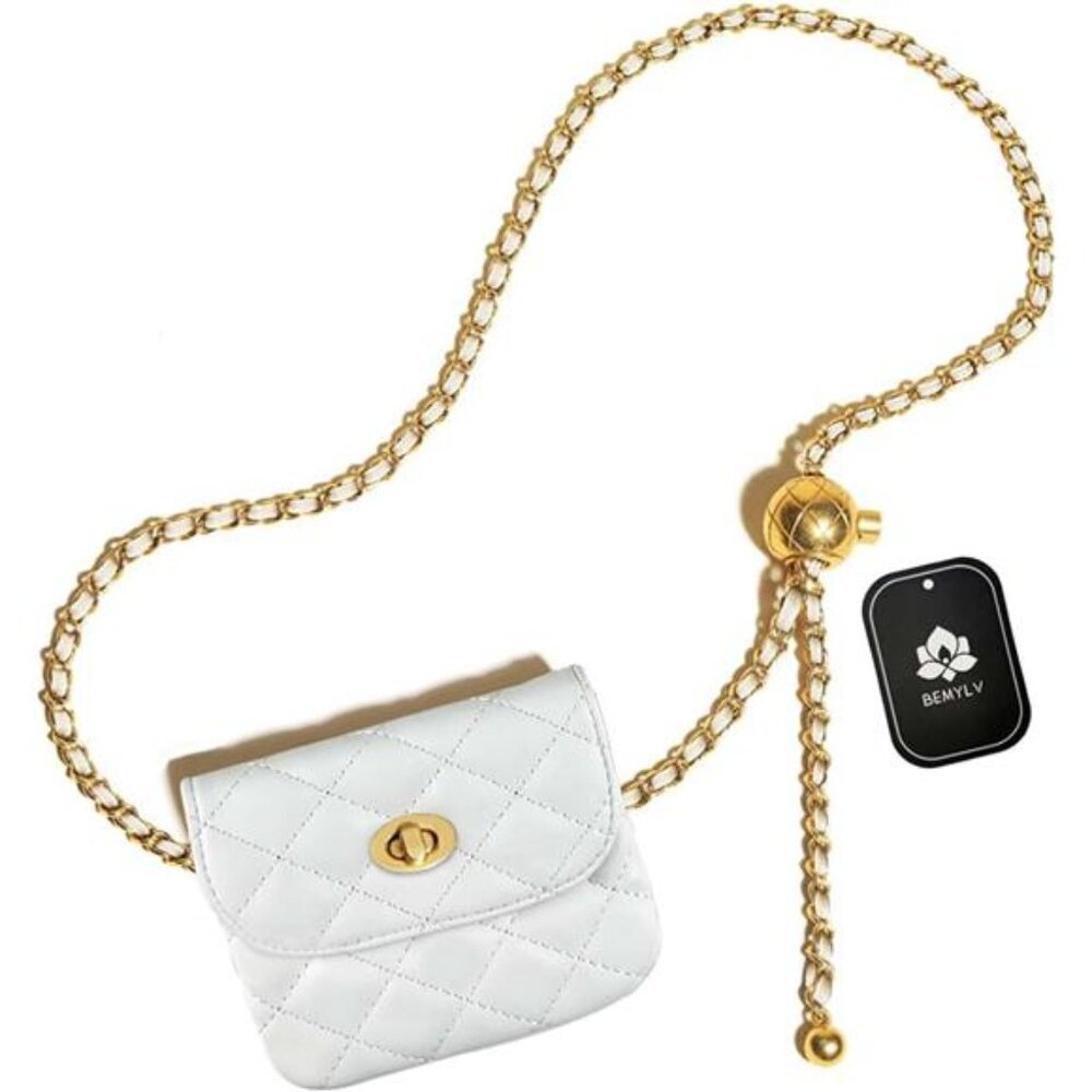 White mini leather belt bag for women chain waist fanny pack crossbody purse